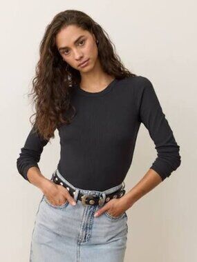 Marine Layer Lexi Rib Sun-In Long Sleeve Crew Tee Black Size Medium